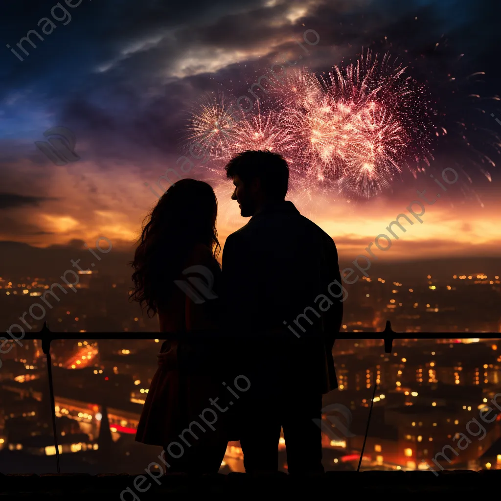 Couple silhouetted against the city skyline enjoying fireworks on New Year