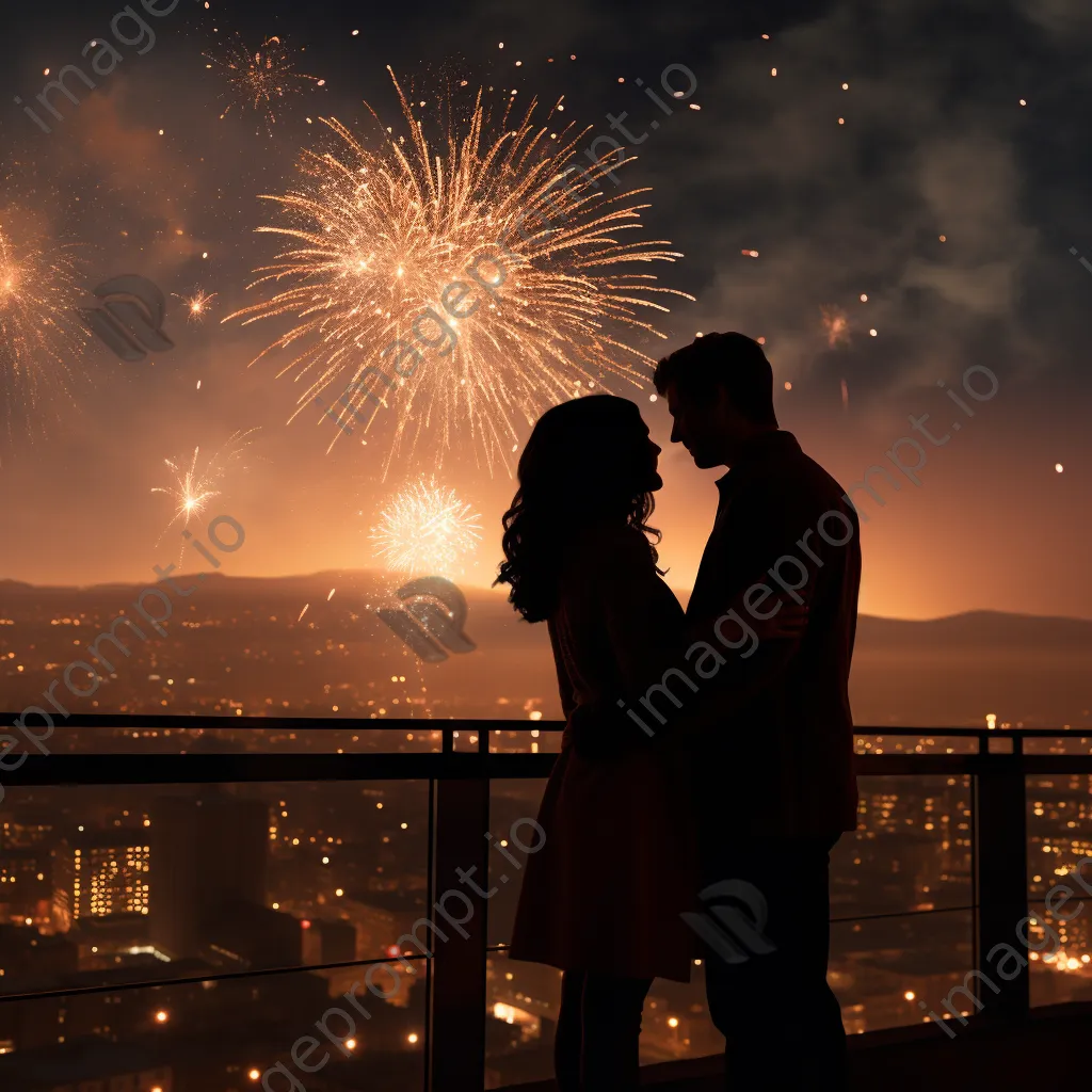 Couple silhouetted against the city skyline enjoying fireworks on New Year