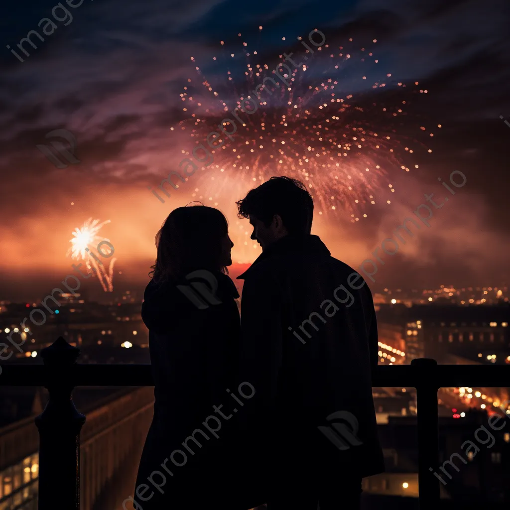 Couple silhouetted against the city skyline enjoying fireworks on New Year