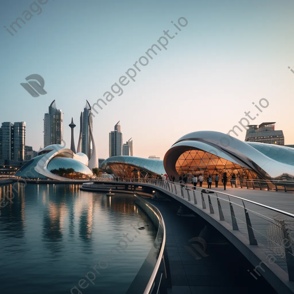 Futuristic city by the water captured during golden hour - Image 1