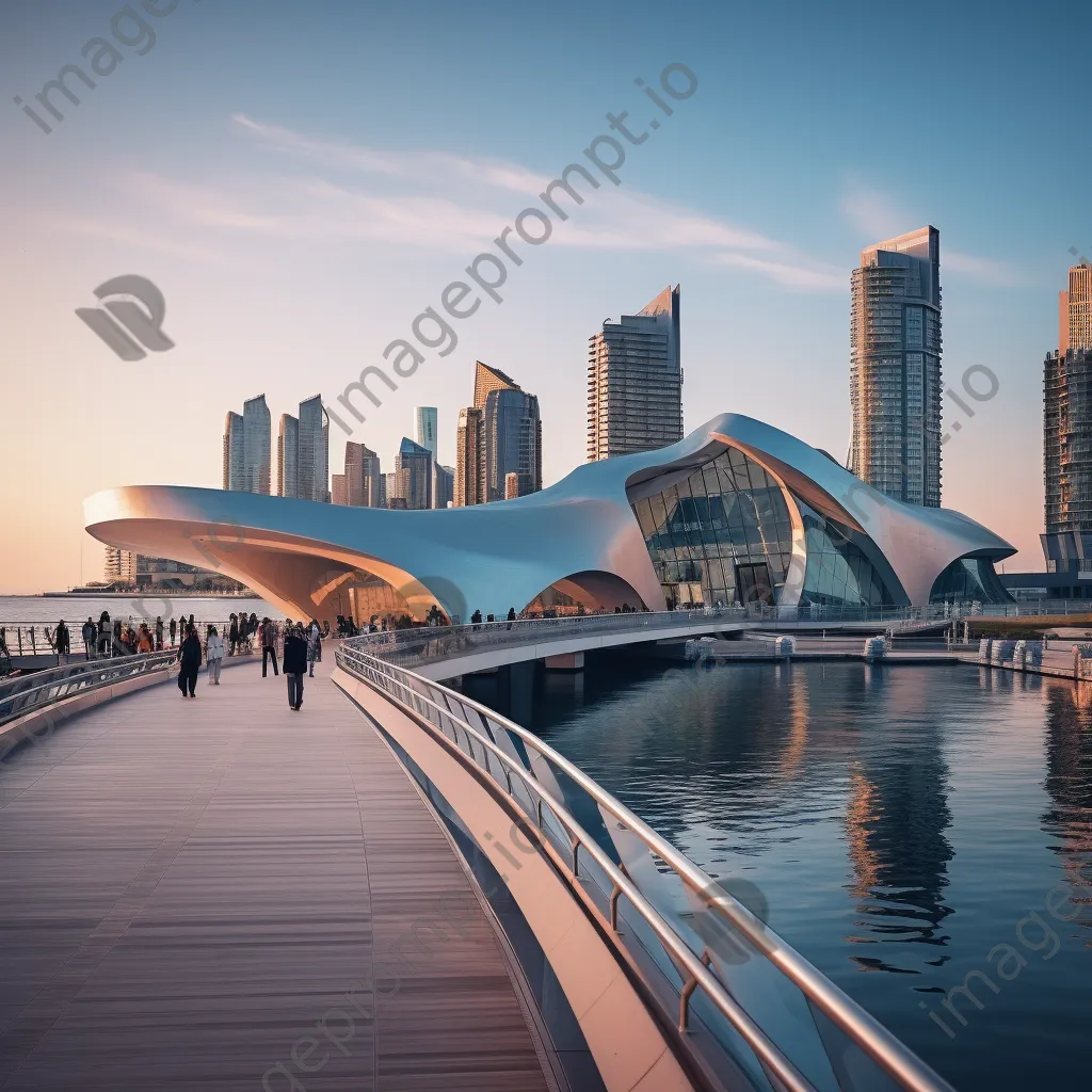 Futuristic city by the water captured during golden hour - Image 2