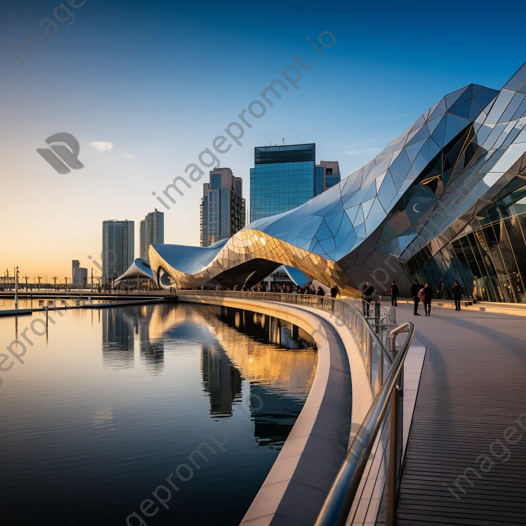 Futuristic city by the water captured during golden hour - Image 4