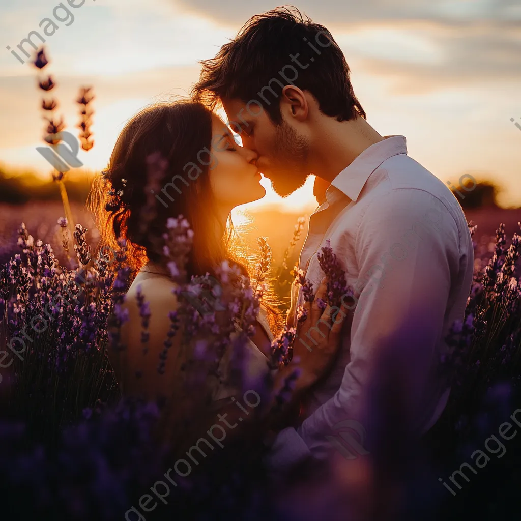 Couple kissing in a lavender field at sunset - Image 1