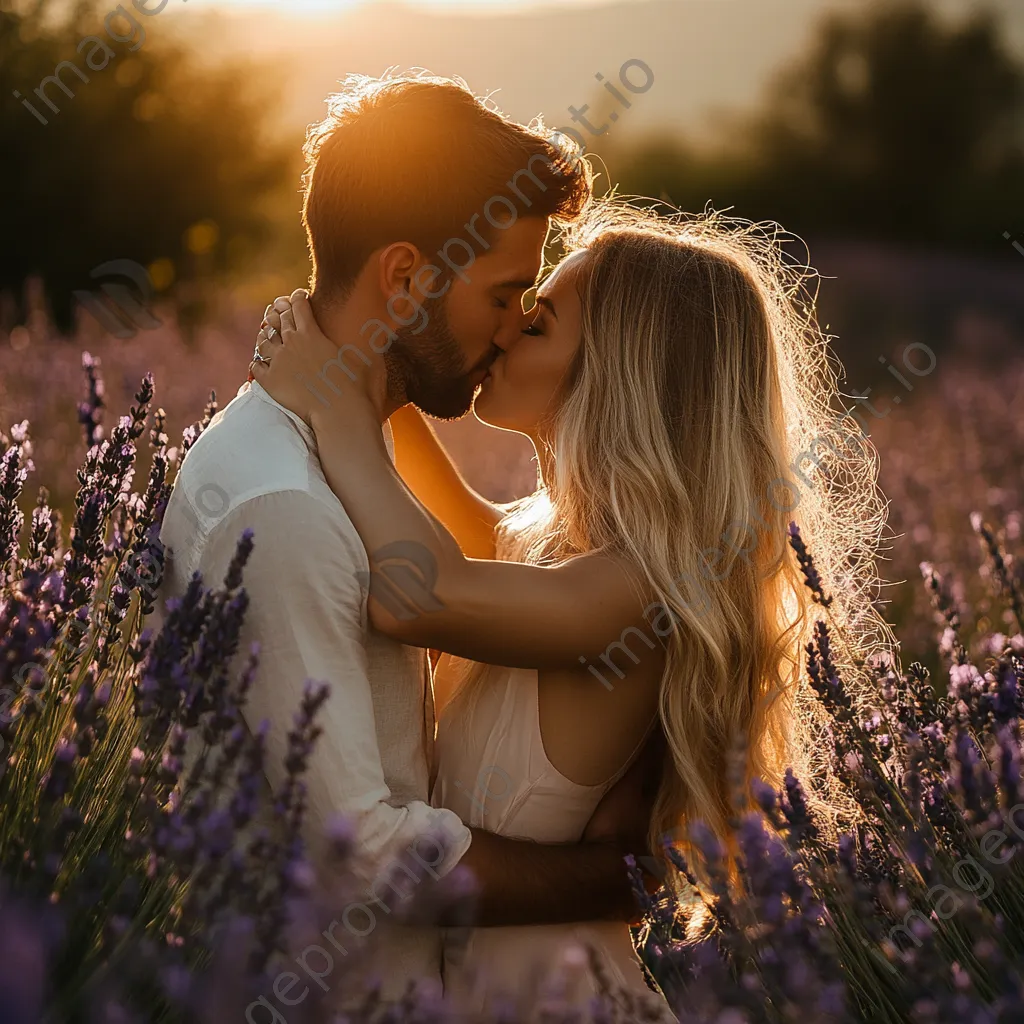 Couple kissing in a lavender field at sunset - Image 2