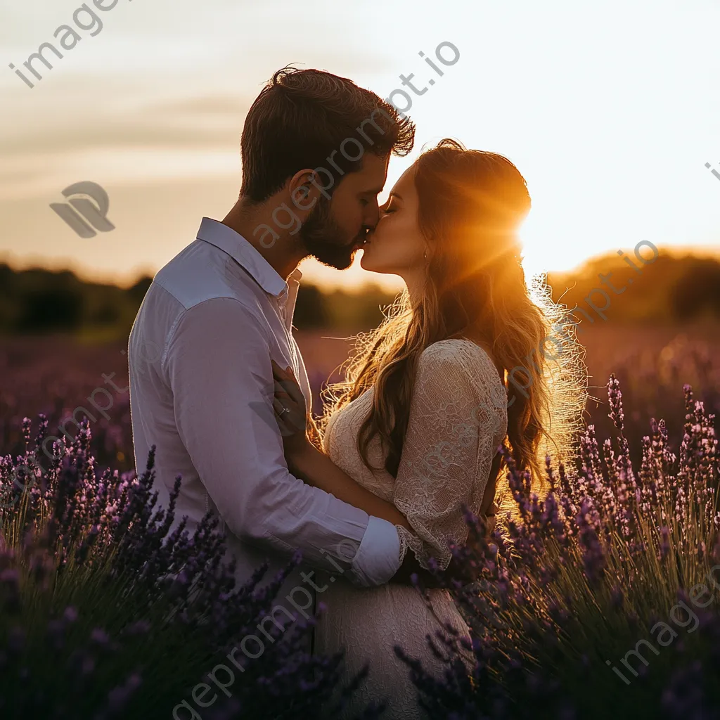 Couple kissing in a lavender field at sunset - Image 3