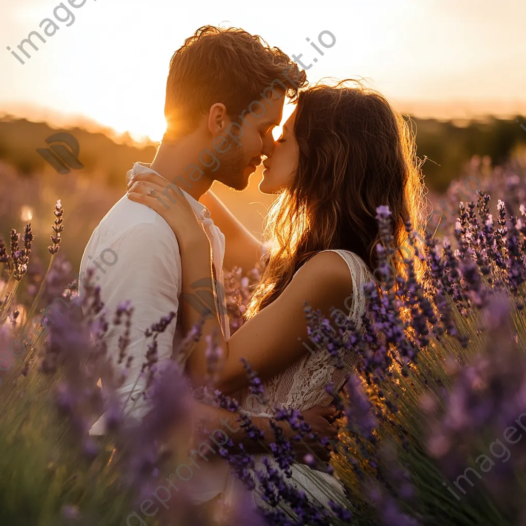 Couple kissing in a lavender field at sunset - Image 4