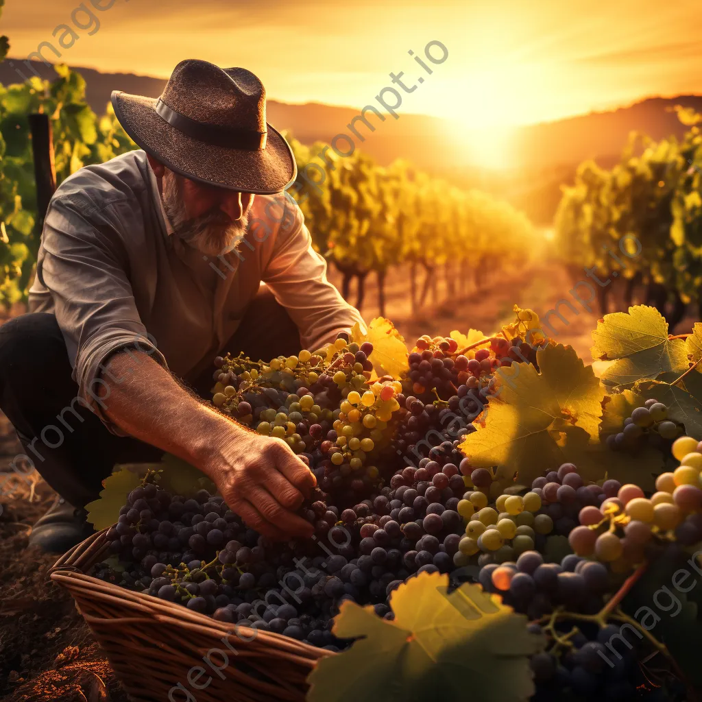 Worker harvesting grapes in a vineyard during sunset - Image 1