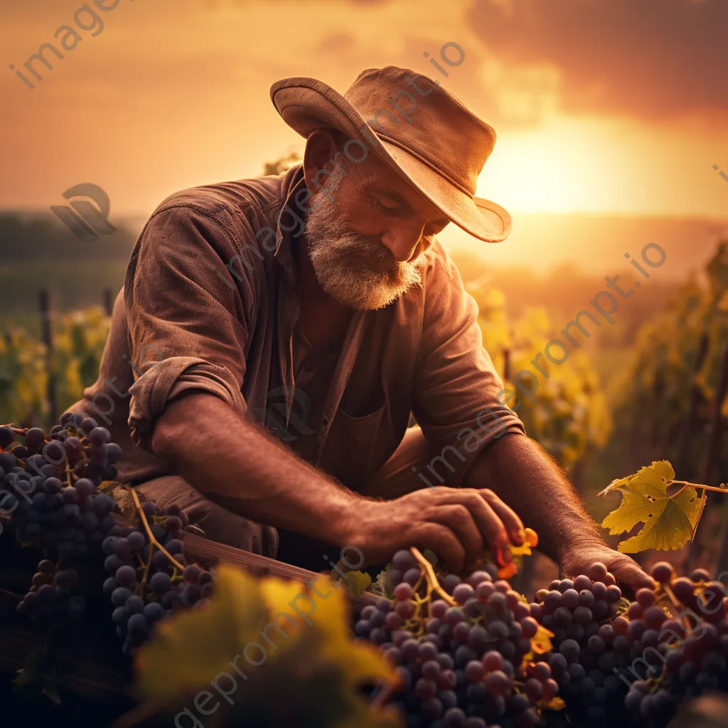 Worker harvesting grapes in a vineyard during sunset - Image 2