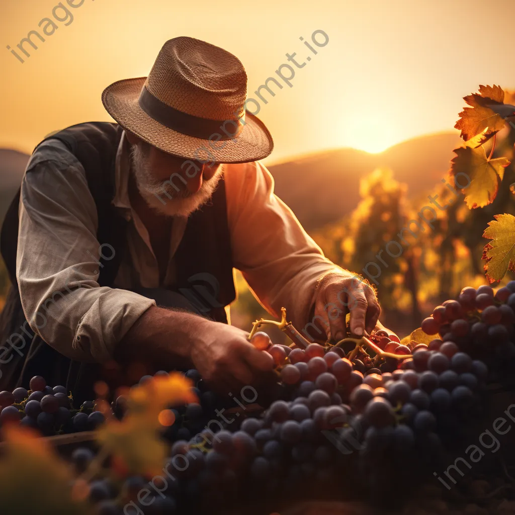 Worker harvesting grapes in a vineyard during sunset - Image 3