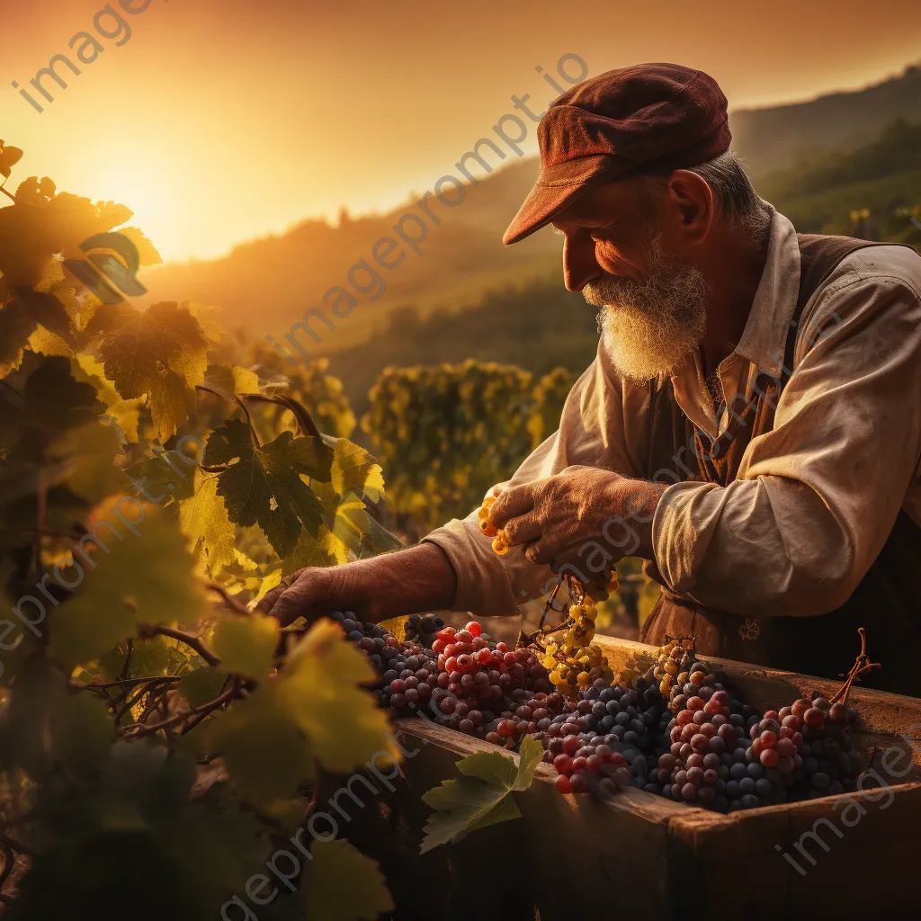 Worker harvesting grapes in a vineyard during sunset - Image 4