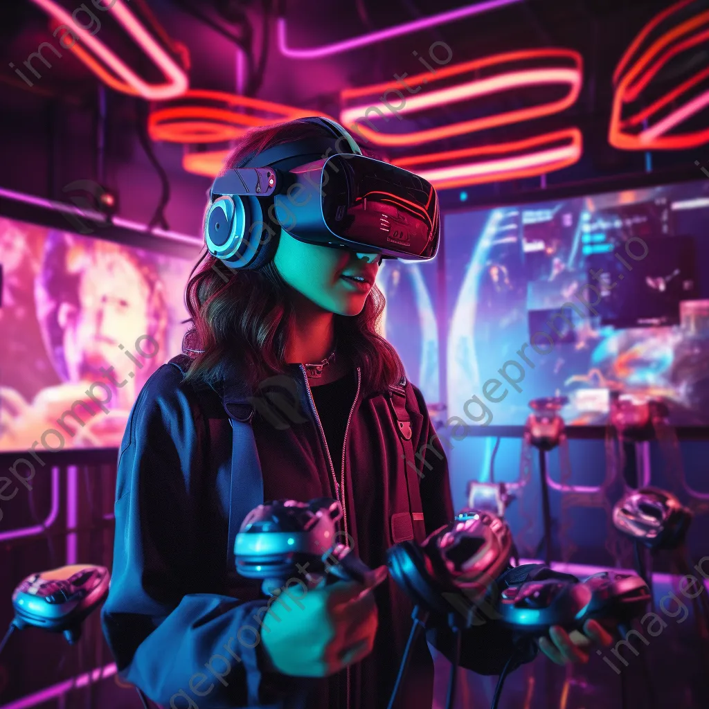 Young woman using a VR headset immersed in gaming. - Image 1