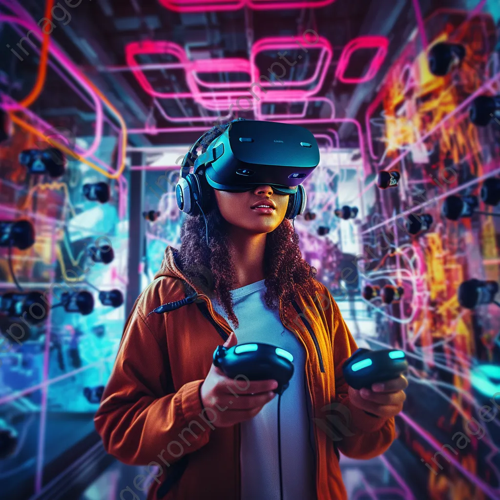 Young woman using a VR headset immersed in gaming. - Image 3