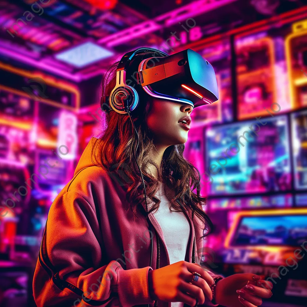 Young woman using a VR headset immersed in gaming. - Image 4