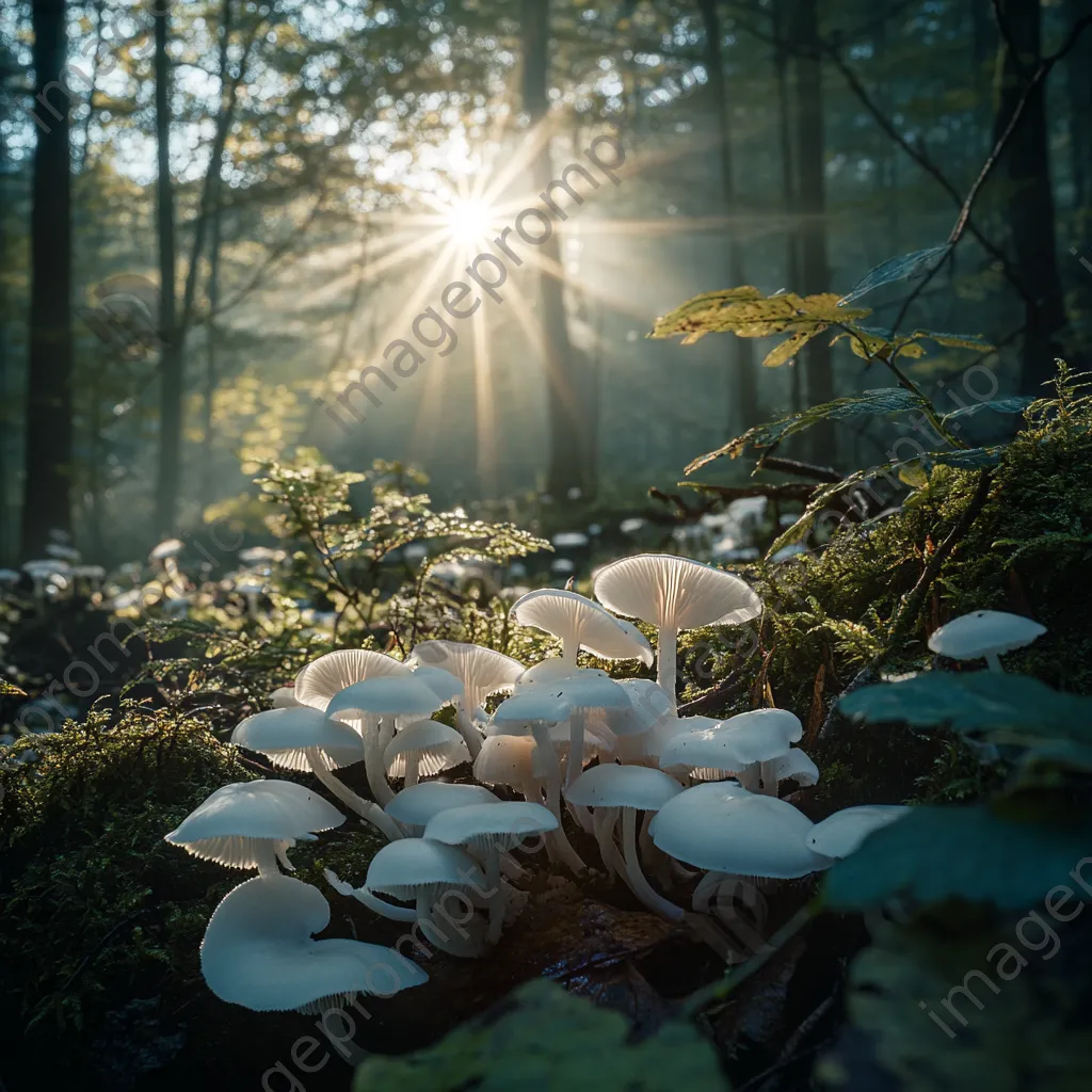 Cluster of white mushrooms in a shaded forest - Image 1