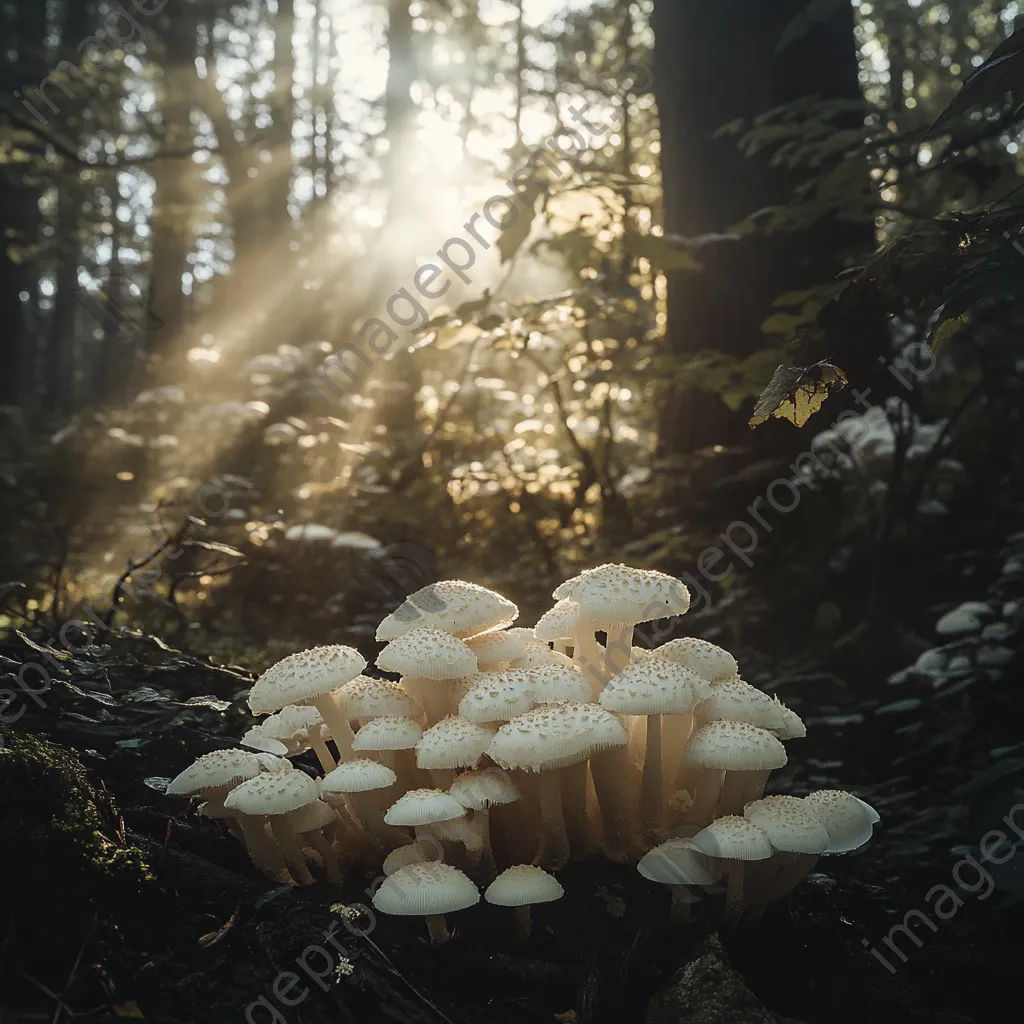 Cluster of white mushrooms in a shaded forest - Image 2