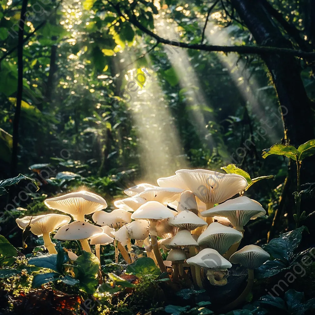 Cluster of white mushrooms in a shaded forest - Image 3