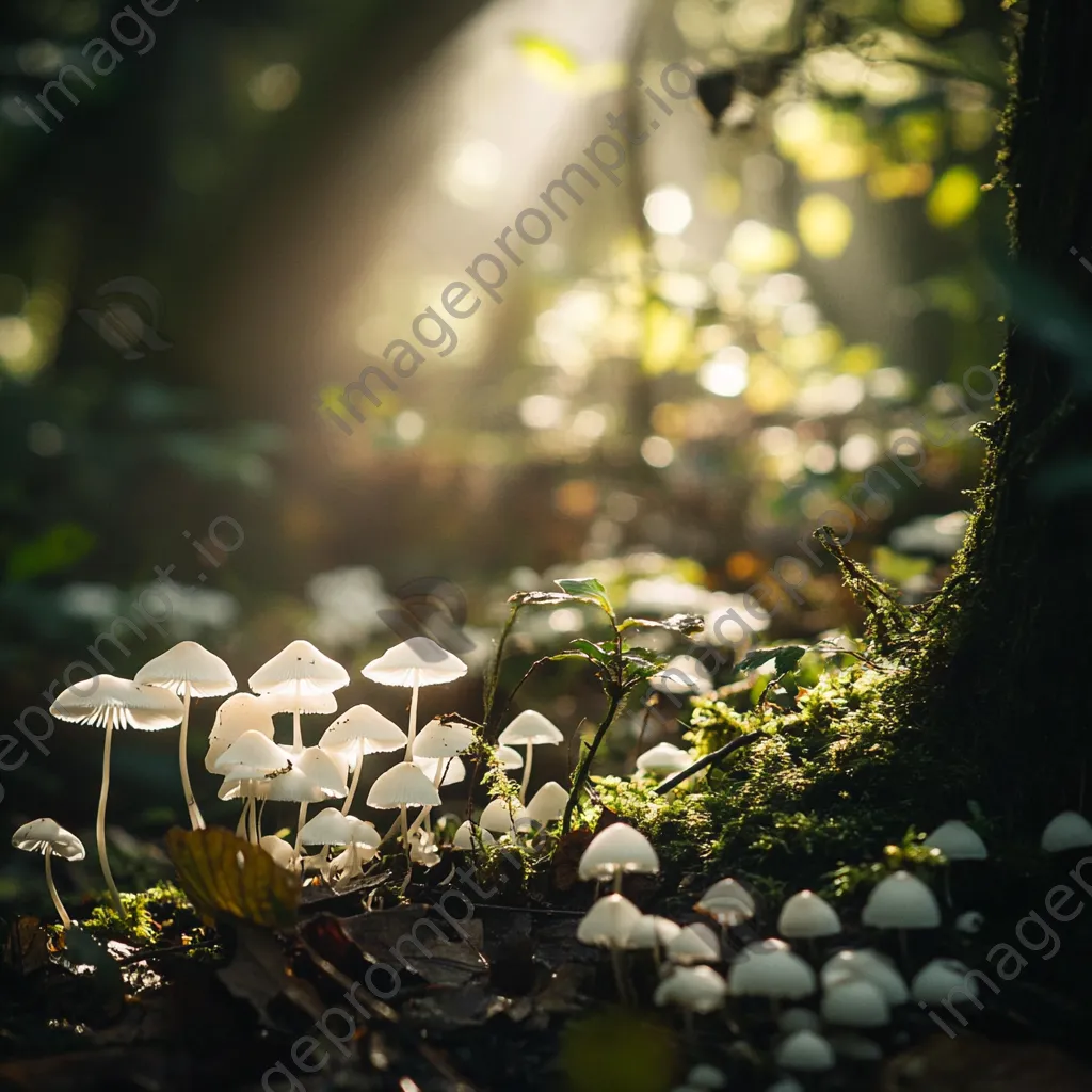 Cluster of white mushrooms in a shaded forest - Image 4