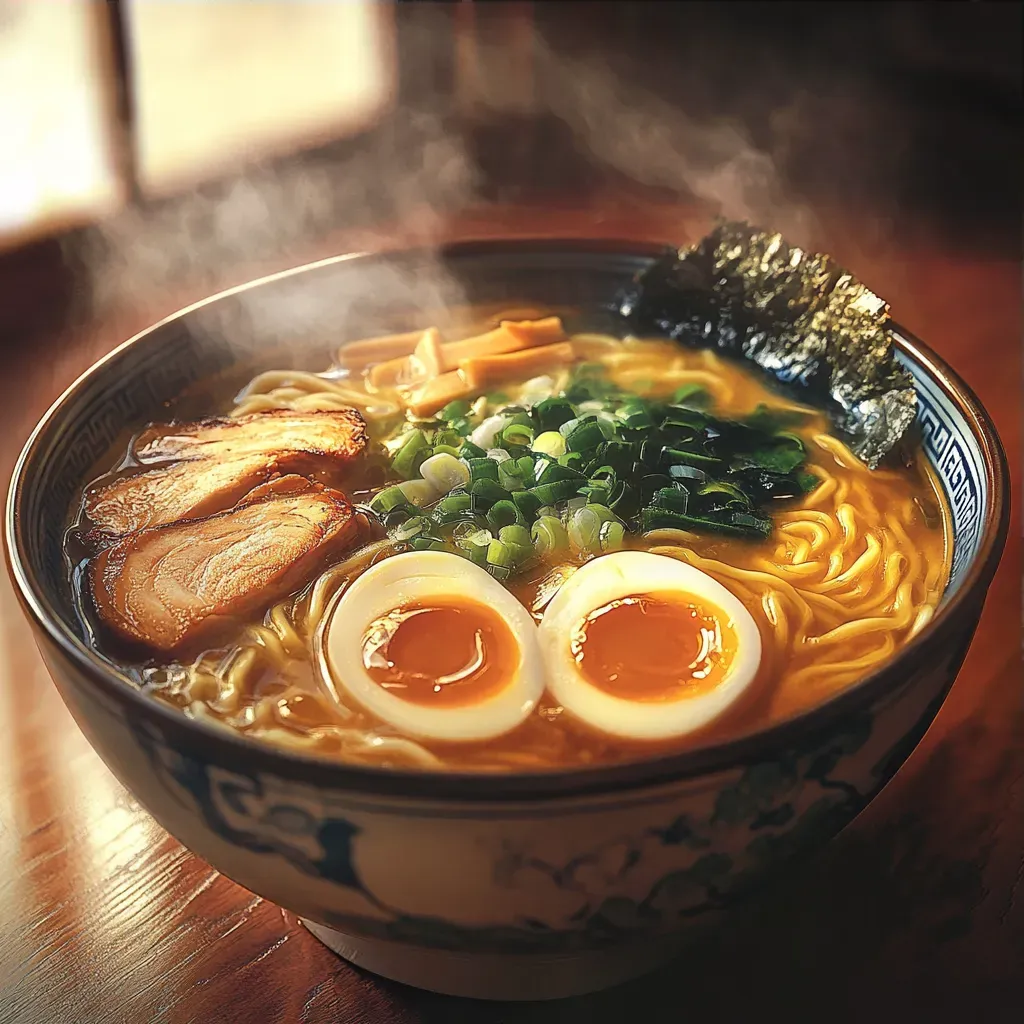 A steaming bowl of ramen positioned in soft light, portrayed in Japanese Ukiyo-e style - Image 3