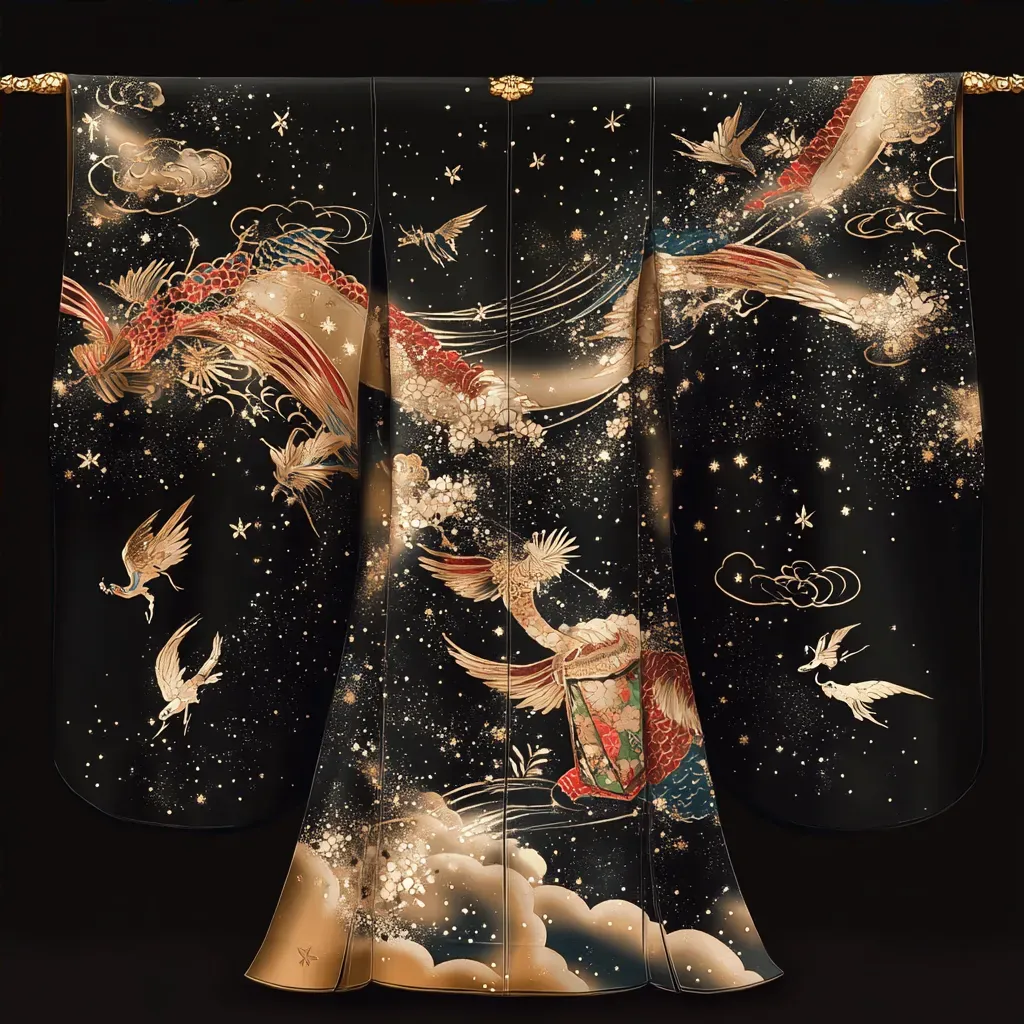 Intricate silk kimono design, featuring heavenly patterns that narrate a story across the stars - Image 4