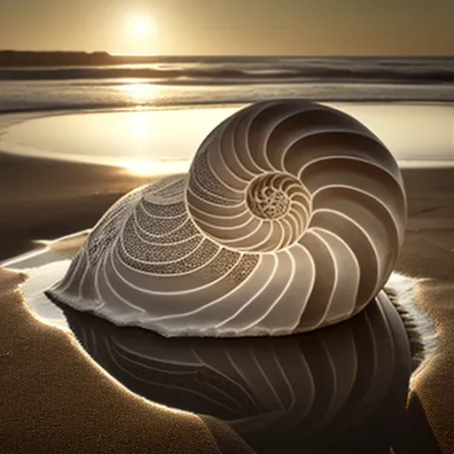 Spiraling nautilus shell on a sandy beach under soft morning light - Image 1