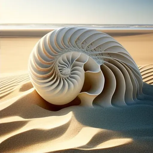 Spiraling nautilus shell on a sandy beach under soft morning light - Image 2