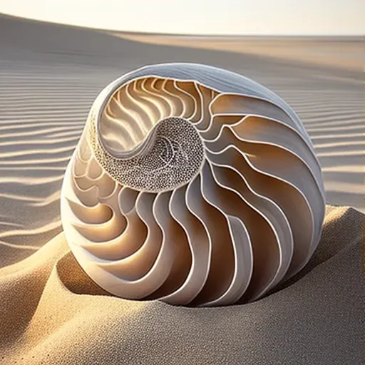 Spiraling nautilus shell on a sandy beach under soft morning light - Image 3