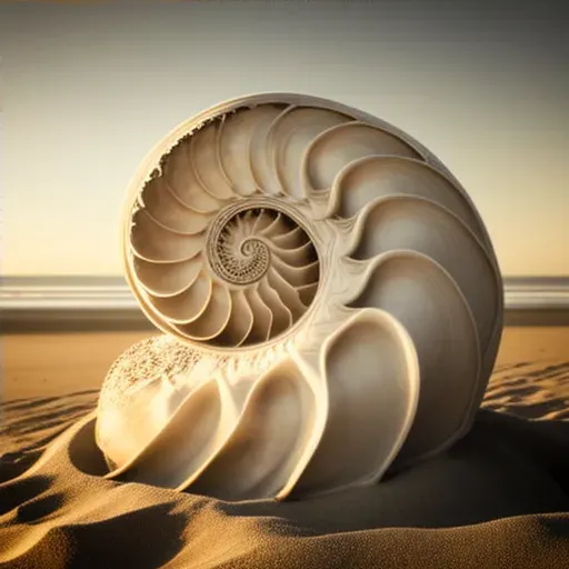 Spiraling nautilus shell on a sandy beach under soft morning light - Image 4