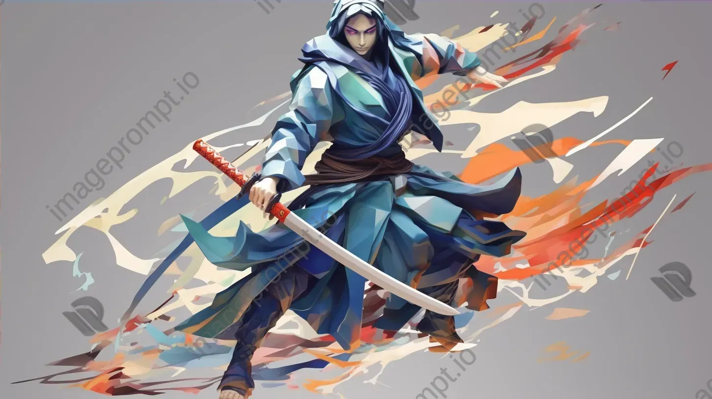 Low poly Samurai character in cool blues - Image 4