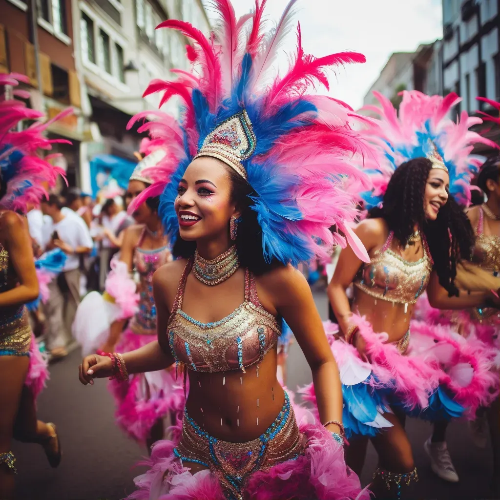 Group of samba dancers in vibrant costumes dancing in a lively street parade - Image 1