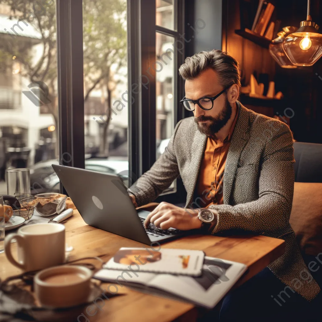 Entrepreneur analyzing market data on a laptop in a coffee shop. - Image 1