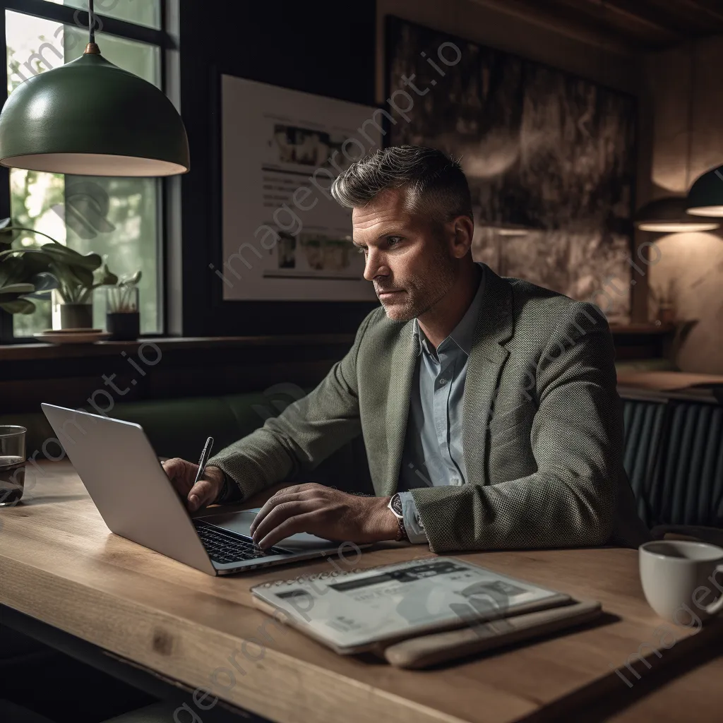 Entrepreneur analyzing market data on a laptop in a coffee shop. - Image 2