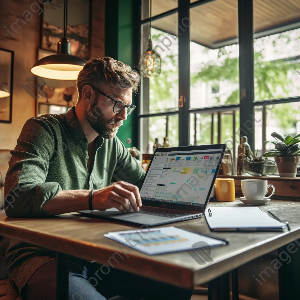 Entrepreneur analyzing market data on a laptop in a coffee shop. - Image 3