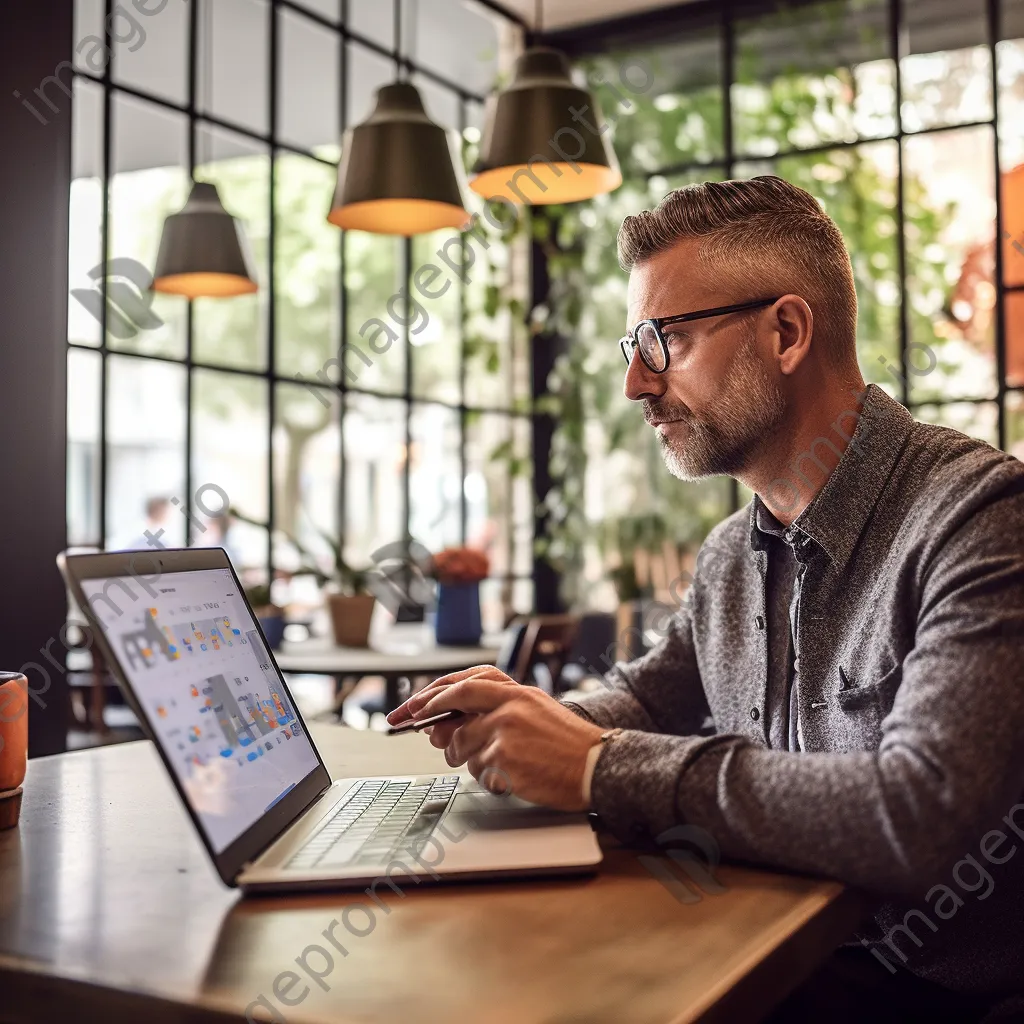 Entrepreneur analyzing market data on a laptop in a coffee shop. - Image 4