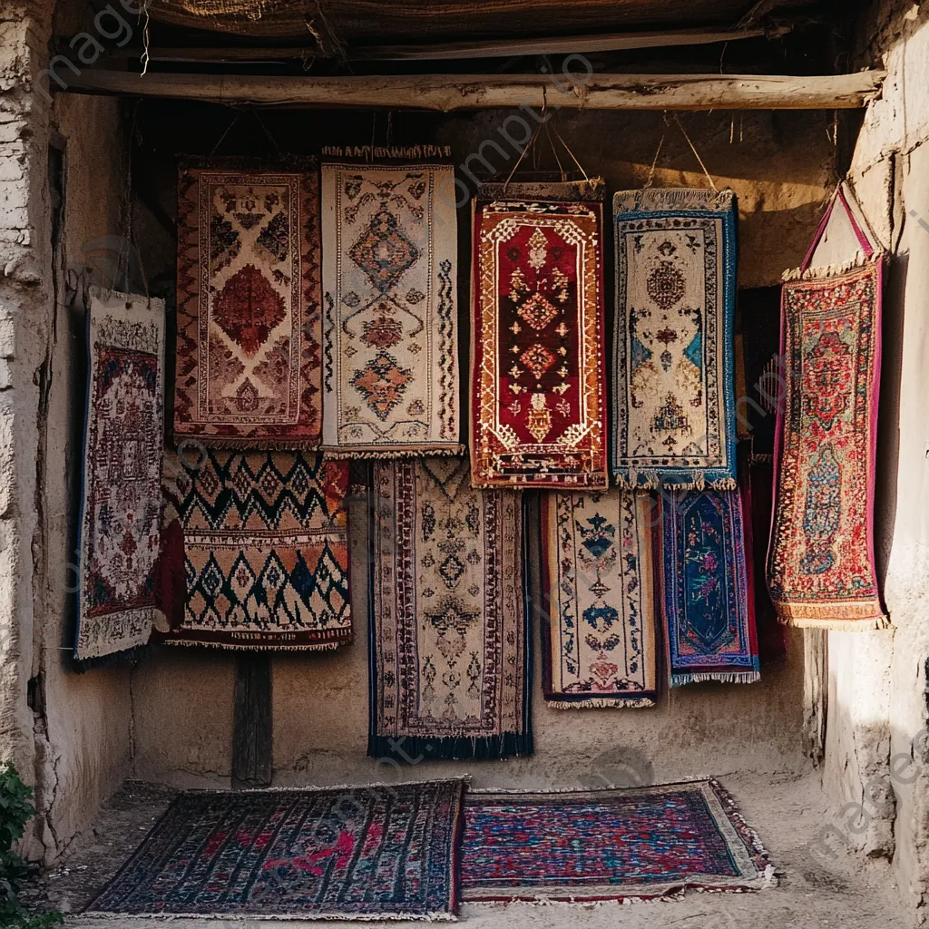 Handmade carpets hanging against a rustic wall. - Image 2