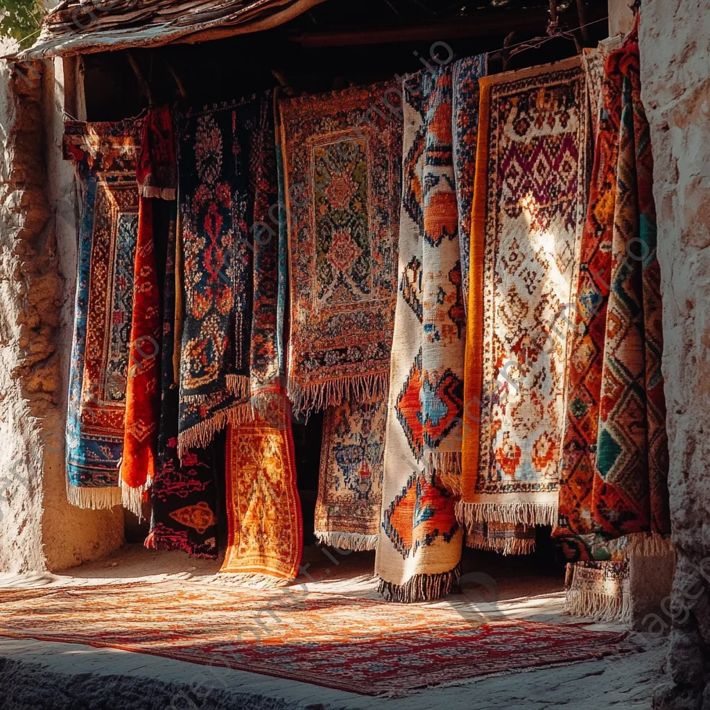 Handmade carpets hanging against a rustic wall. - Image 3