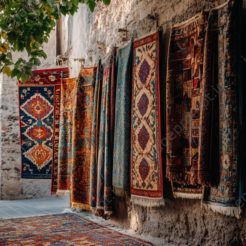 Handmade carpets hanging against a rustic wall. - Image 4