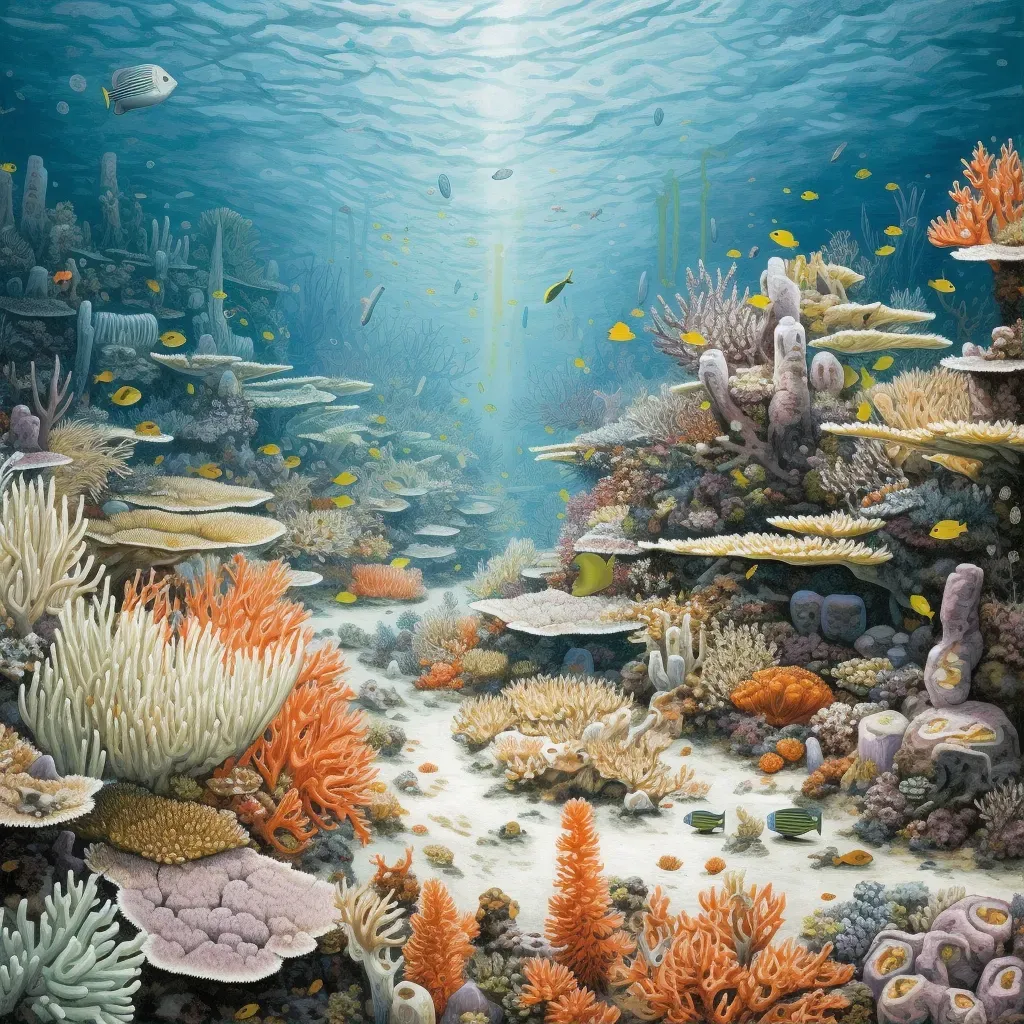 Coral reef bleached by climate change with vibrant fish swimming - Image 1