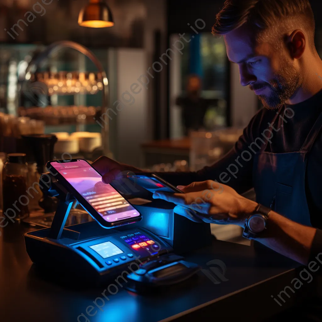 Cashier using a smartphone card reader for a contactless payment in a café. - Image 2