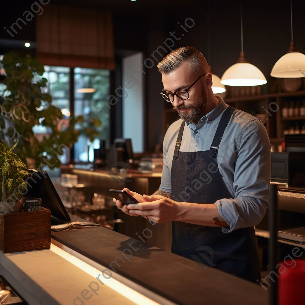 Cashier using a smartphone card reader for a contactless payment in a café. - Image 4