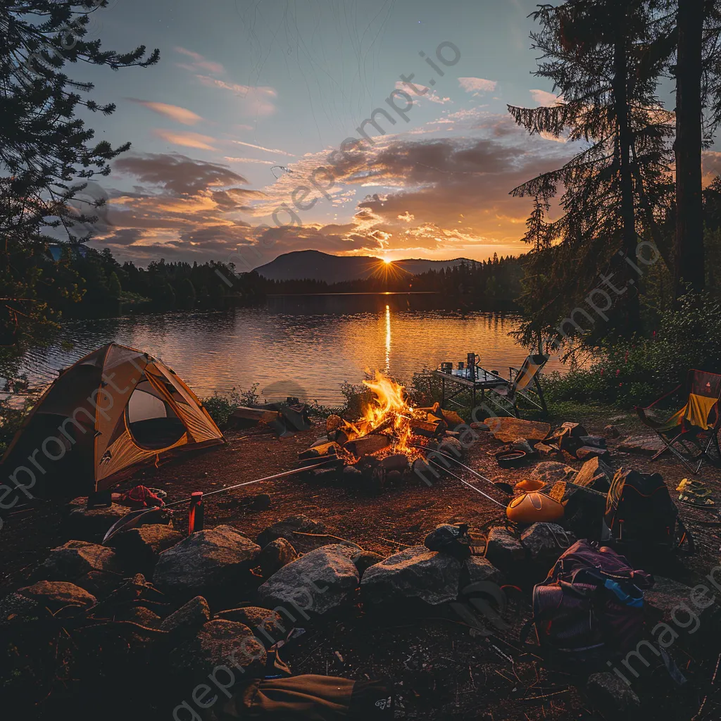 Campsite by the lake at sunset with a bonfire - Image 1