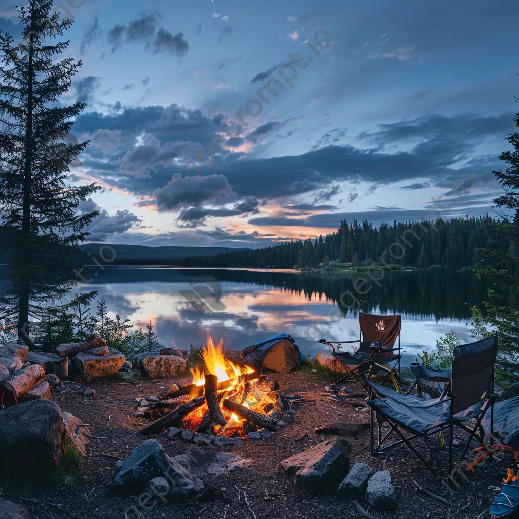 Campsite by the lake at sunset with a bonfire - Image 2