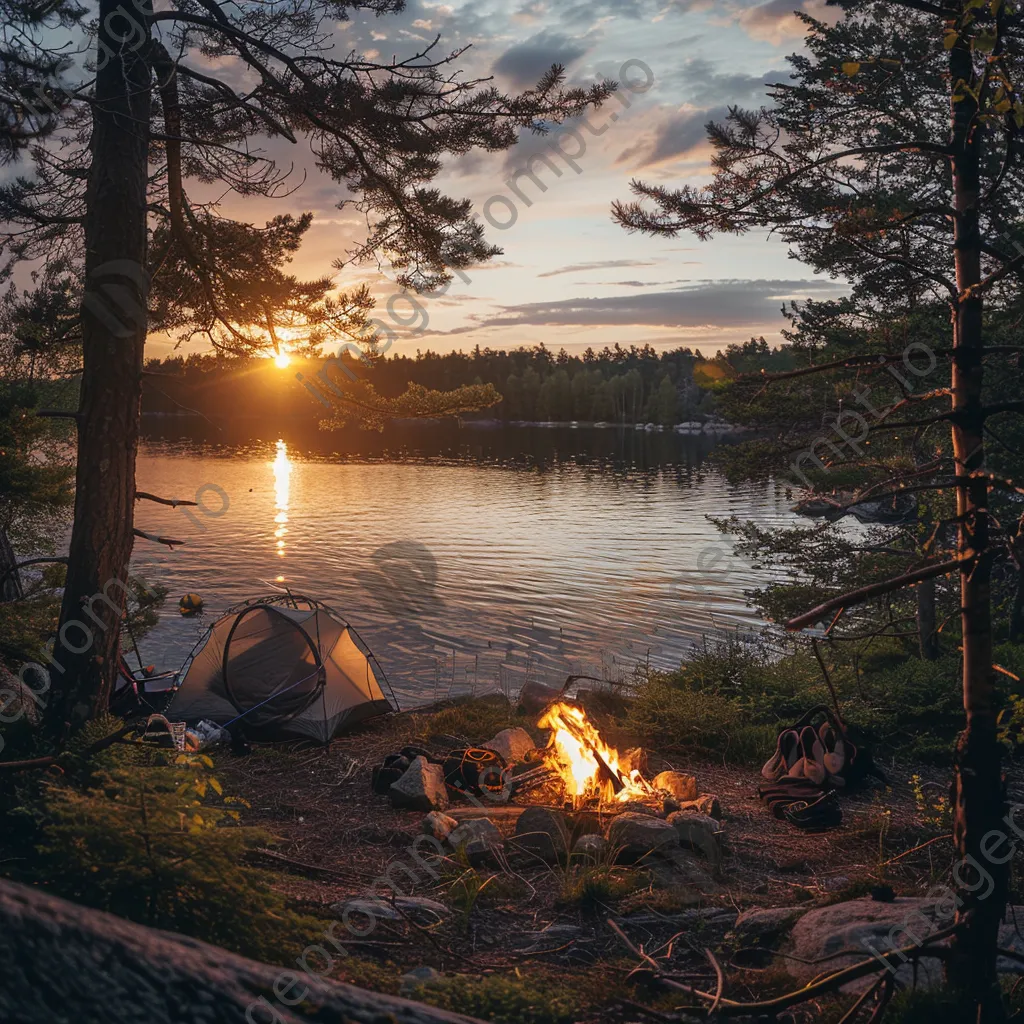 Campsite by the lake at sunset with a bonfire - Image 3