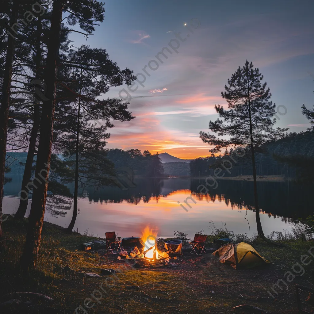 Campsite by the lake at sunset with a bonfire - Image 4