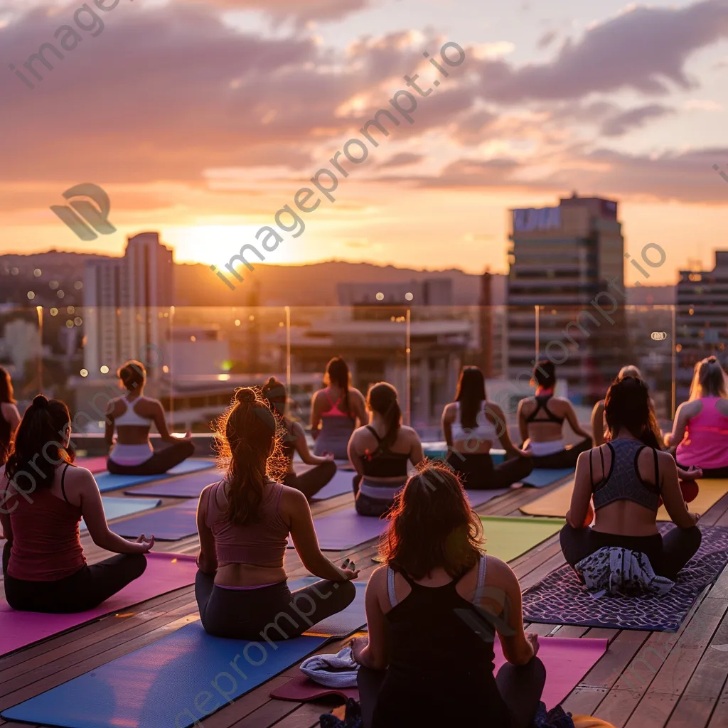 Participants doing yoga on a rooftop at sunrise with city views - Image 1