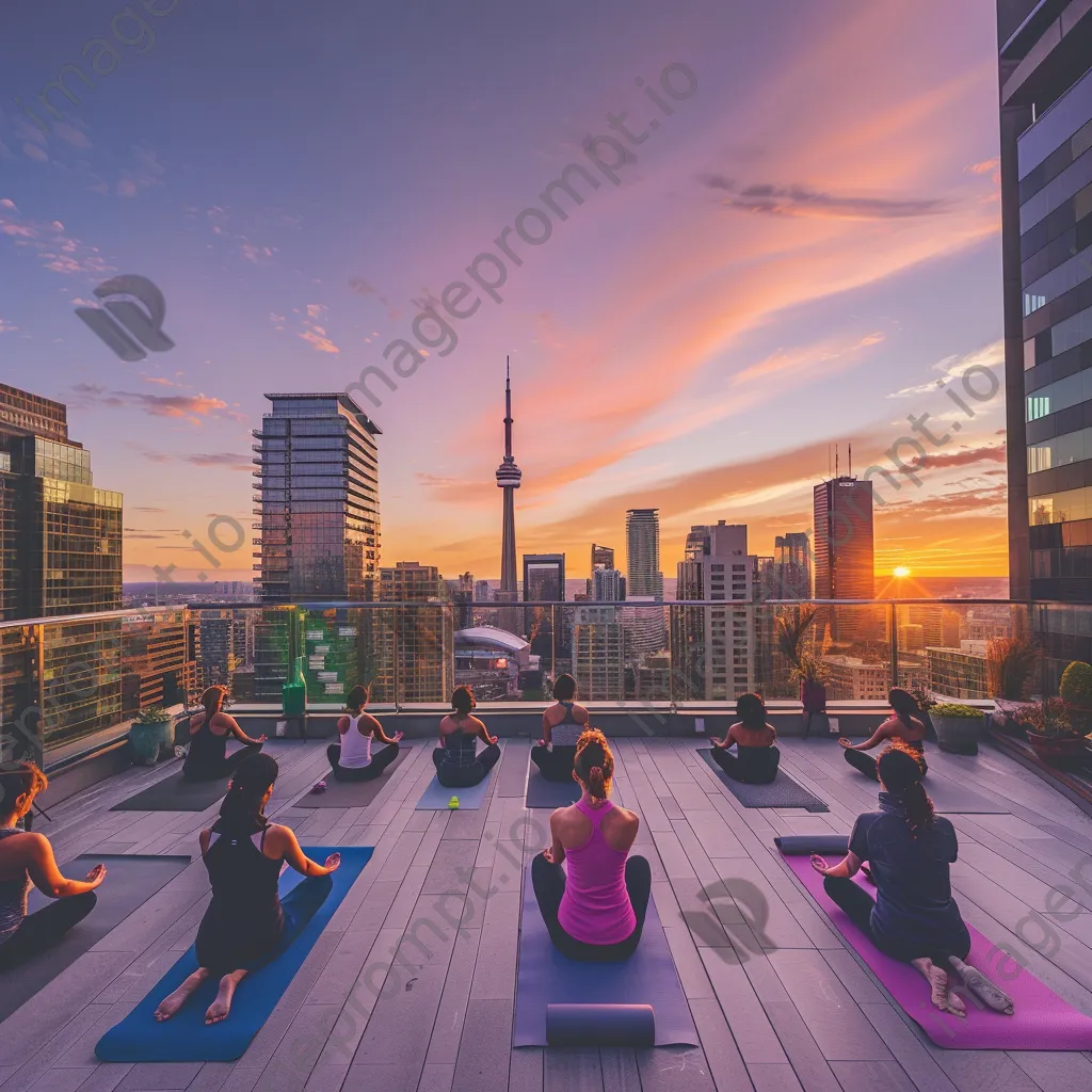 Participants doing yoga on a rooftop at sunrise with city views - Image 2