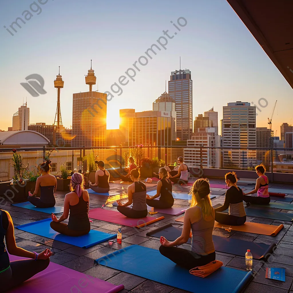 Participants doing yoga on a rooftop at sunrise with city views - Image 3