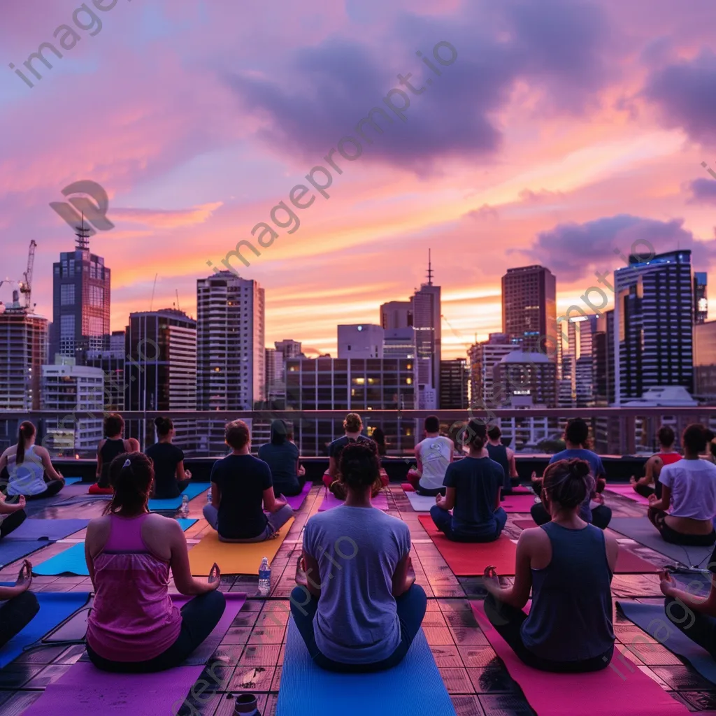 Participants doing yoga on a rooftop at sunrise with city views - Image 4