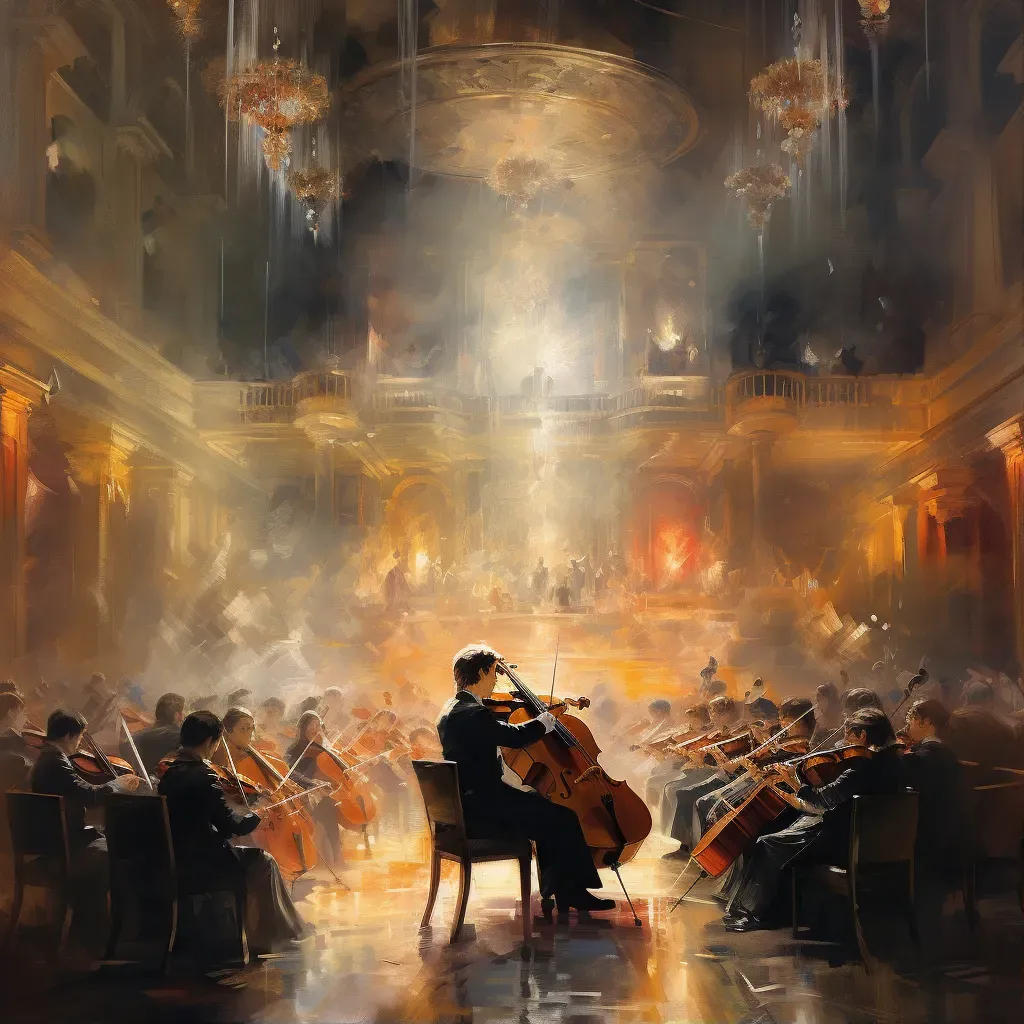 Orchestra performing under vibrant lights in a concert hall - Image 1