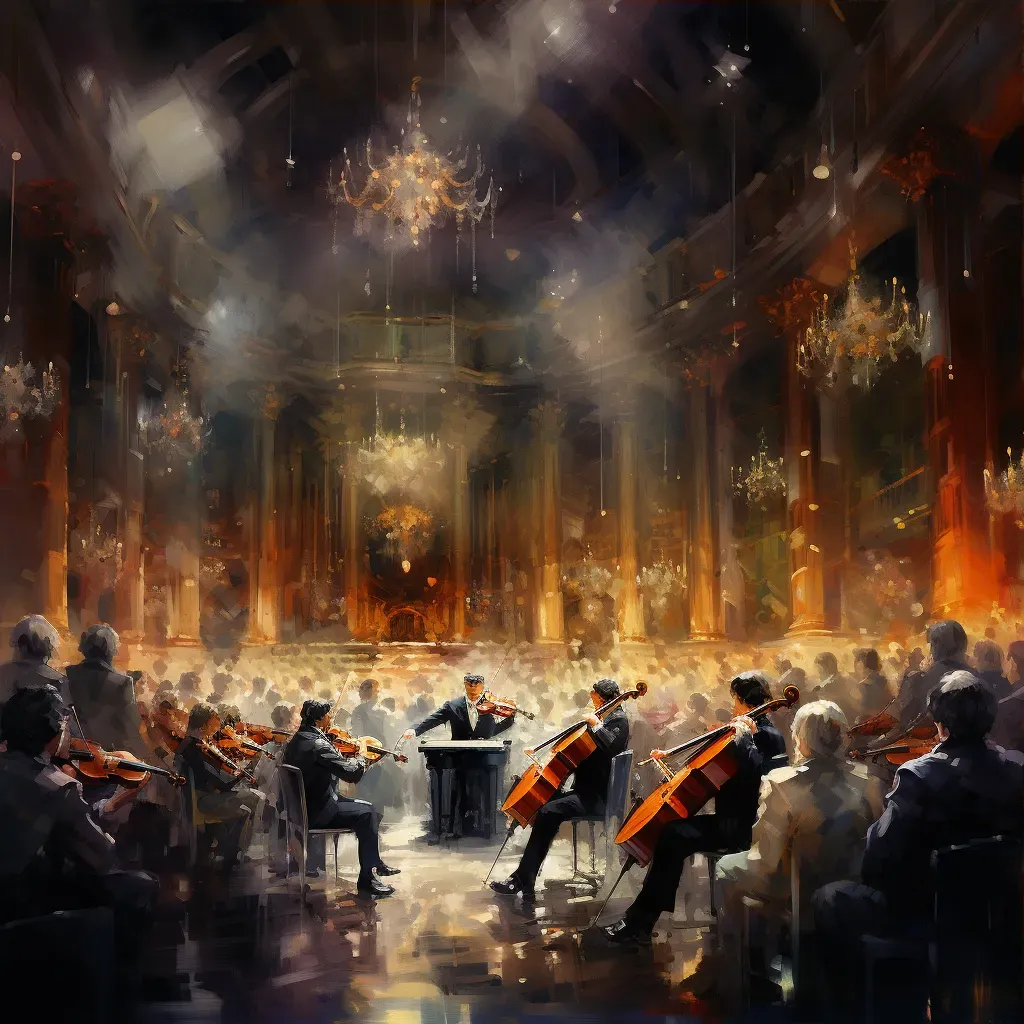 Orchestra performing under vibrant lights in a concert hall - Image 3