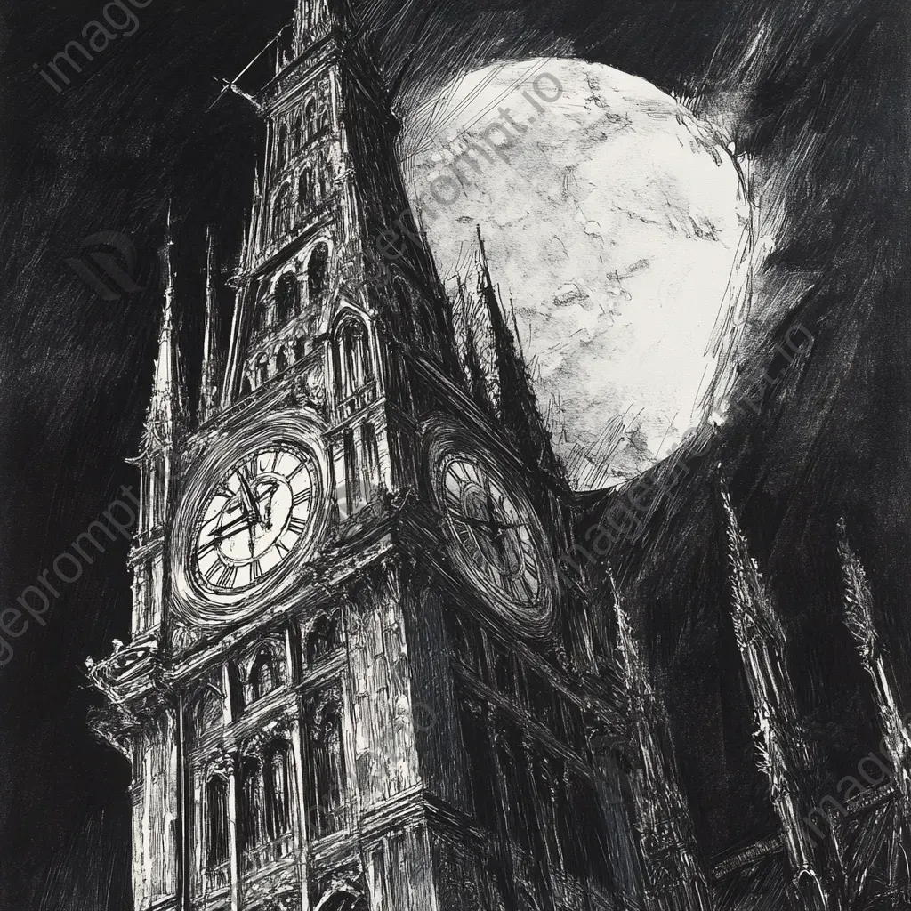 Intricately detailed pencil sketch of a Gothic clock tower under moonlit midnight - Image 3